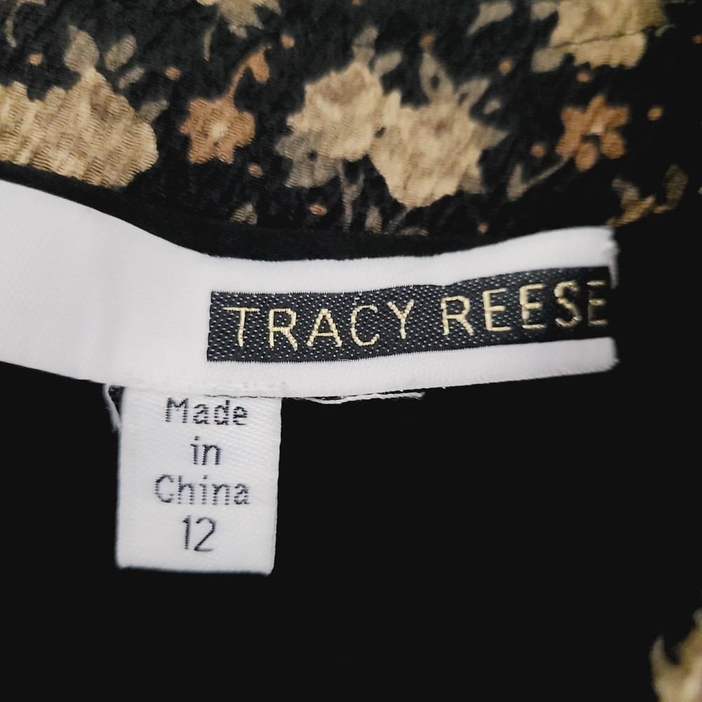 Tracy Reese Anthropologie Dress 12 Black Brown Floral Ruffle-Sleeve Straight - Picture 6 of 6